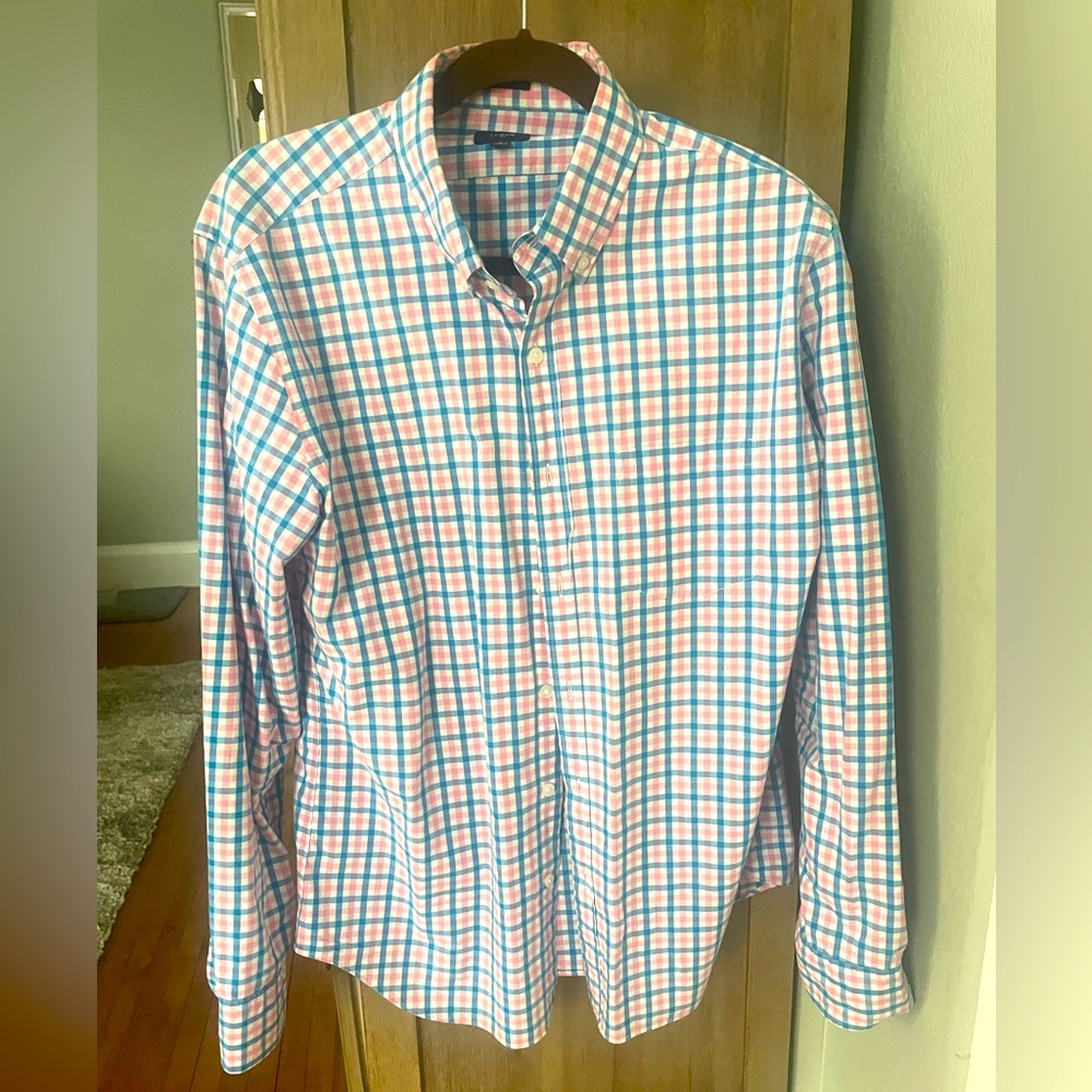 Men’s large slim J. Crew button down. Blue, white, pink plaid.